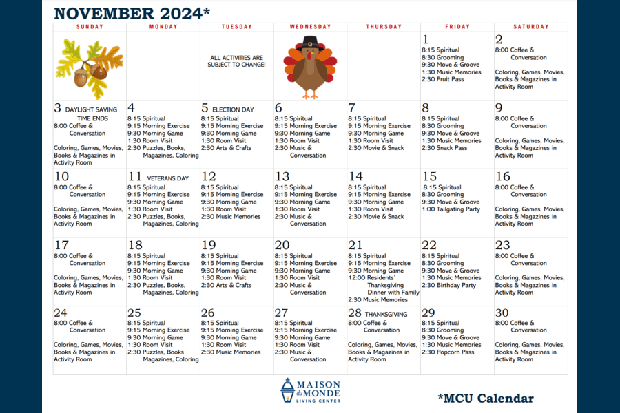 November MCU Activity Calendar