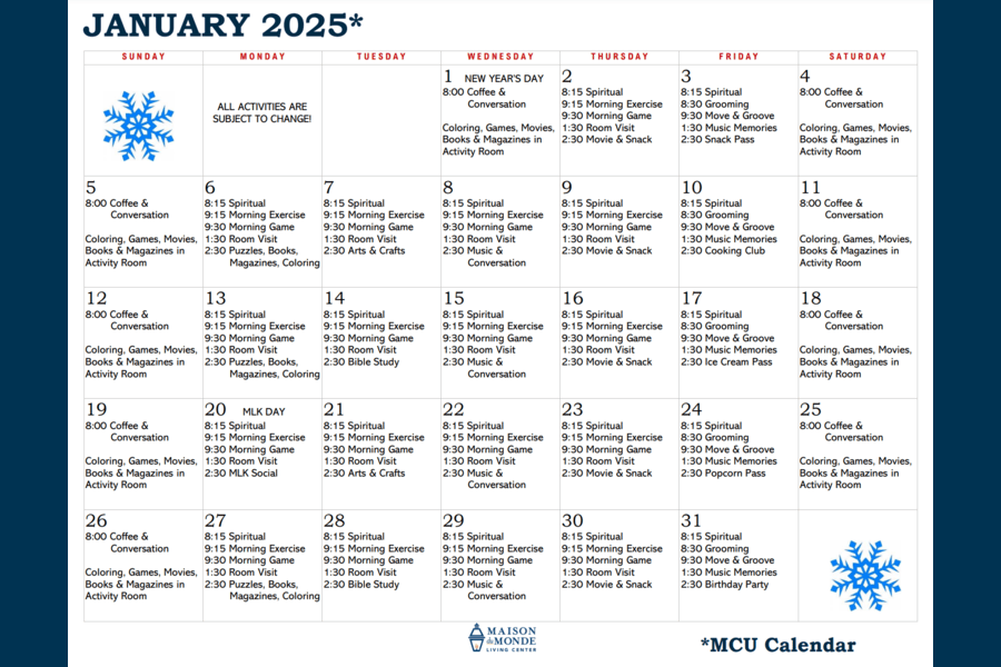 January MCU Activity Calendar